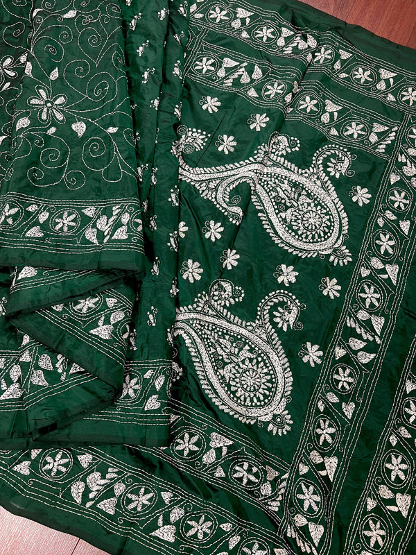 Bottle Green Color Bangalori Silk Saree with White Thread Hand Kantha Stitch - Handwoven Kantha Stitch Sarees - Kantha Sarees