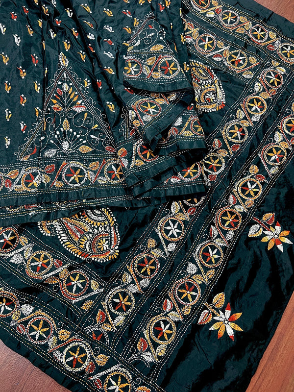 Handmade Black Color Bangalori Silk Saree with Multi Color Kantha Stitch Work - Handwoven Kantha Stitch Sarees - Kantha Saree