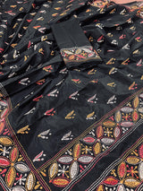 Handmade Kantha Stitch Black  Color Saree in Bangalori Silk  - Handwoven Kantha Stitch Sarees - Kantha Saree - Bengal Saree