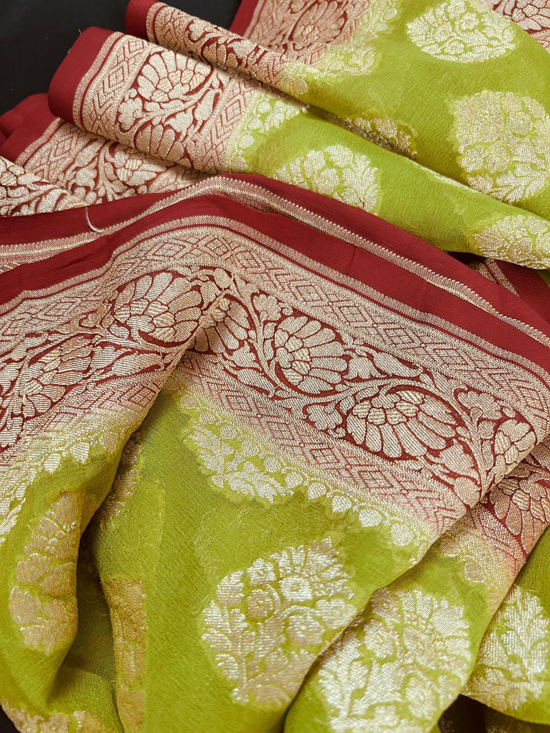 Lime Green with Bright Red Pure Banarasi Georgette Silk Saree with Gold Zari with Floral Pattern and Buttas | SILK MARK CERTIFIED