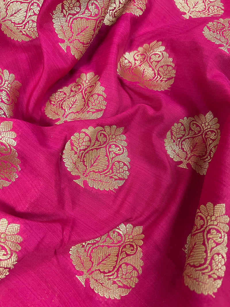 Hot Pink, Purple Border with Blue Traditional Banarasi Handloom Soft Silk Saree