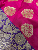 Hot Pink, Purple Border with Blue Traditional Banarasi Handloom Soft Silk Saree