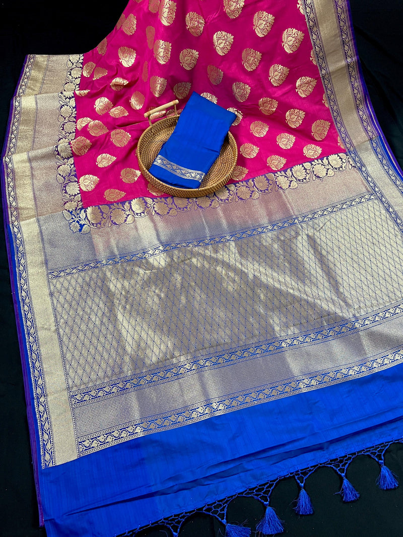 Hot Pink, Purple Border with Blue Traditional Banarasi Handloom Soft Silk Saree