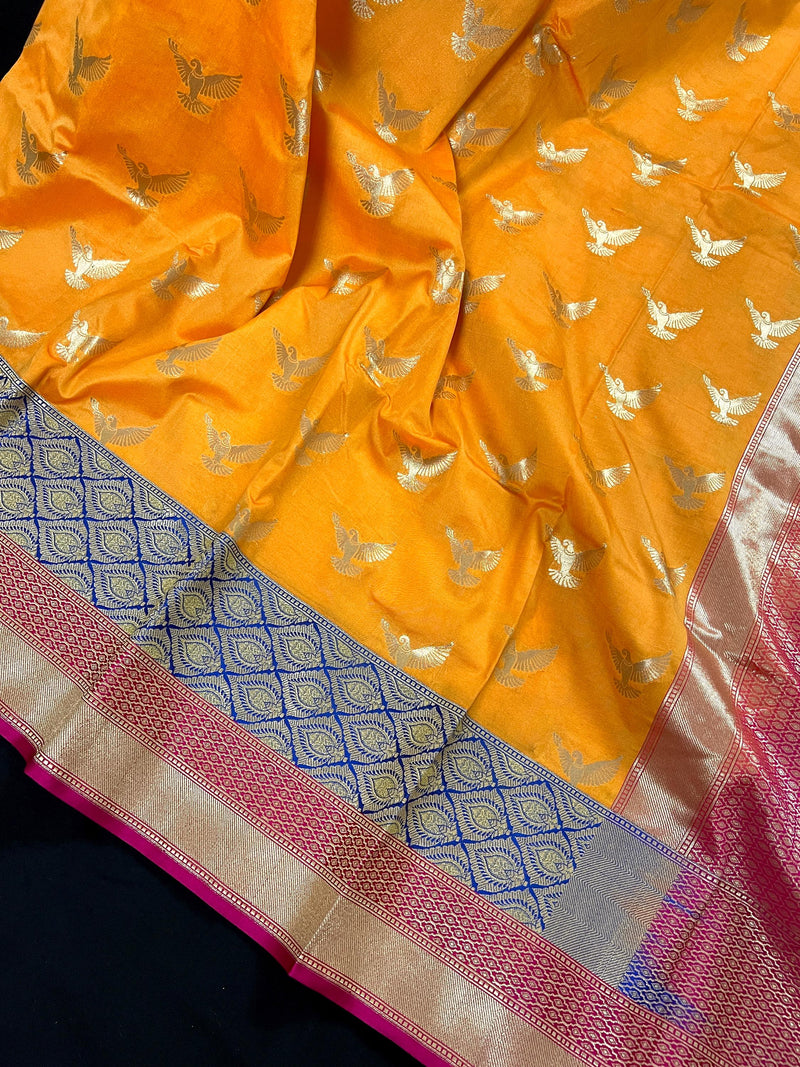 Statement Mango Yellow Soft Banarasi Silk Handloom Saree with Flying Parrot Motifs