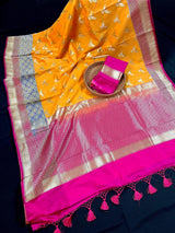 Statement Mango Yellow Soft Banarasi Silk Handloom Saree with Flying Parrot Motifs