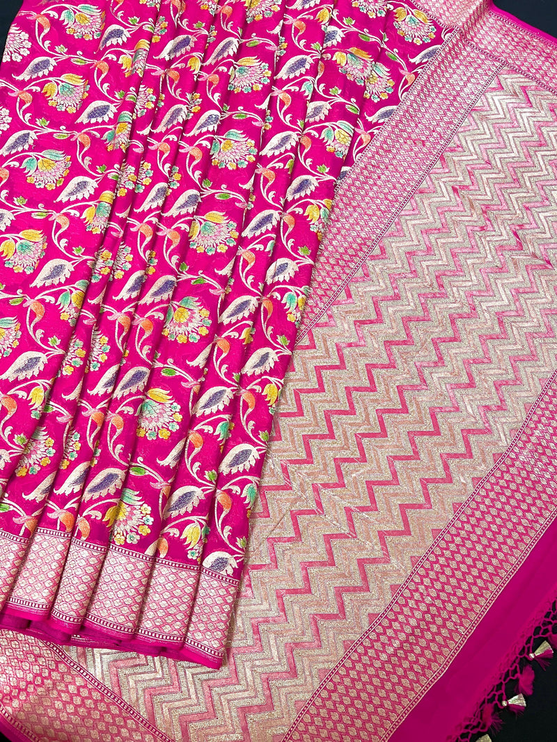 Hot Pink Pure Khaddi Georgette Silk Saree with Muted Gold Water Zari and Hand Brush Paint | SILK MARK CERTIFIED