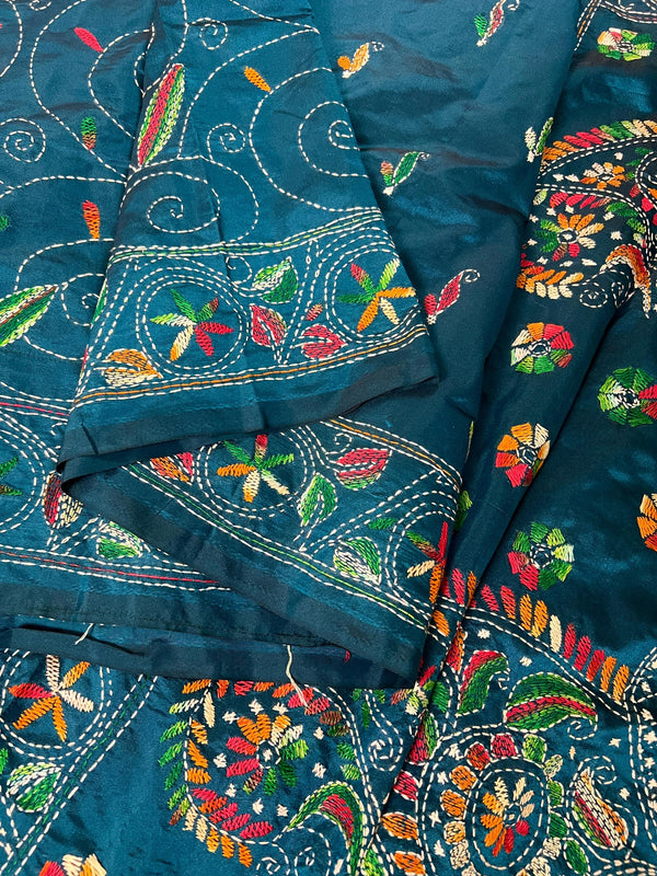 Teal Color Bangalori Silk Saree with Hand Kantha Stitch - Handwoven Kantha Stitch Sarees - Kantha Saree