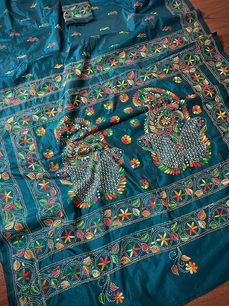 Teal Color Bangalori Silk Saree with Hand Kantha Stitch - Handwoven Kantha Stitch Sarees - Kantha Saree