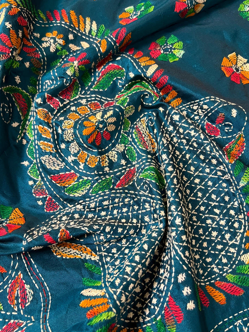 Teal Color Bangalori Silk Saree with Hand Kantha Stitch - Handwoven Kantha Stitch Sarees - Kantha Saree