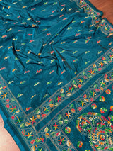 Teal Color Bangalori Silk Saree with Hand Kantha Stitch - Handwoven Kantha Stitch Sarees - Kantha Saree