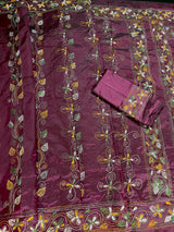 Burgundy Color Bangalori Silk Saree with Hand Kantha Stitch - Handwoven Kantha Stitch Sarees - Kantha Saress