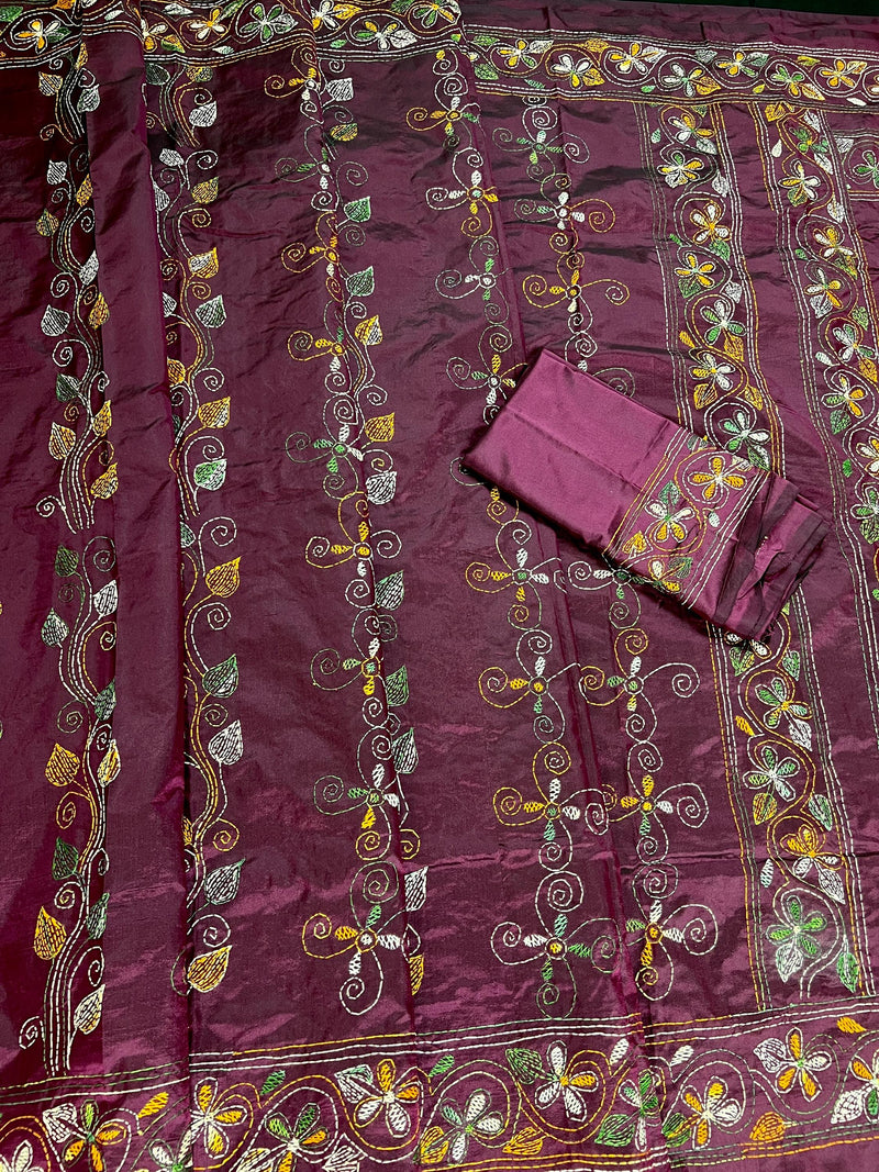 Burgundy Color Bangalori Silk Saree with Hand Kantha Stitch - Handwoven Kantha Stitch Sarees - Kantha Saress