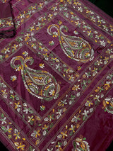 Burgundy Color Bangalori Silk Saree with Hand Kantha Stitch - Handwoven Kantha Stitch Sarees - Kantha Saress