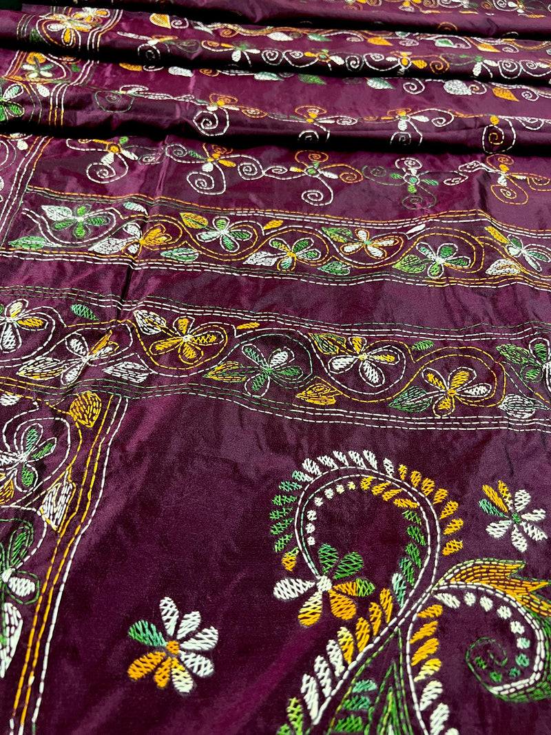 Burgundy Color Bangalori Silk Saree with Hand Kantha Stitch - Handwoven Kantha Stitch Sarees - Kantha Saress