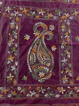 Burgundy Color Bangalori Silk Saree with Hand Kantha Stitch - Handwoven Kantha Stitch Sarees - Kantha Saress