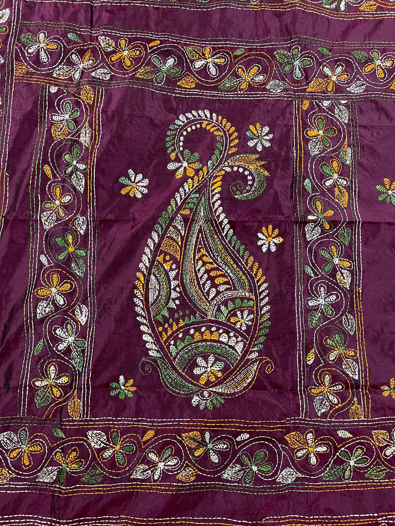 Burgundy Color Bangalori Silk Saree with Hand Kantha Stitch - Handwoven Kantha Stitch Sarees - Kantha Saress