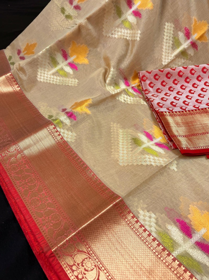 Handmade Gold Beige Banarasi Cotton Silk with Meenakari Flowers