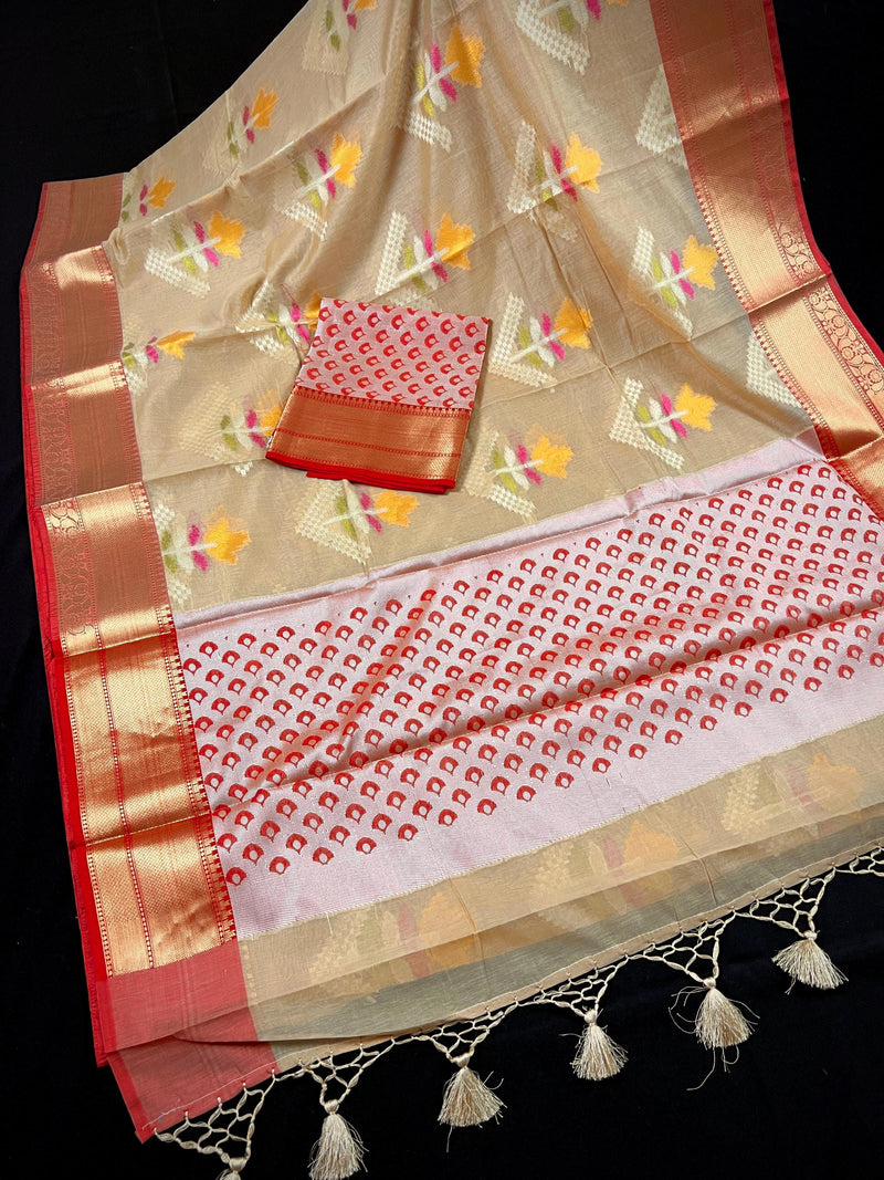 Handmade Gold Beige Banarasi Cotton Silk with Meenakari Flowers