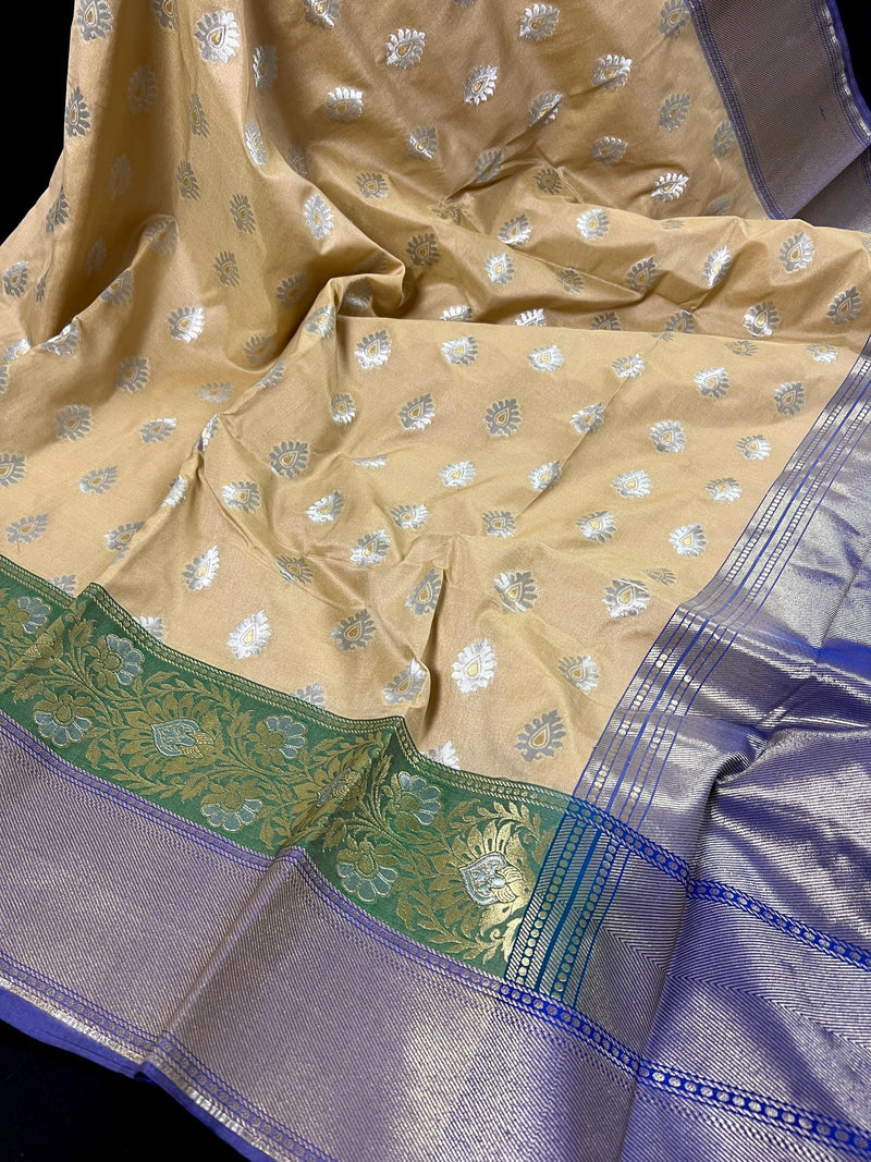 Beige Color Traditional Banarasi Silk Handloom Saree -Green and Blue Combination with Beige Silk Saree