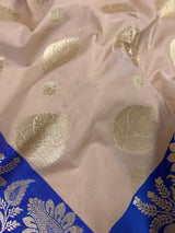 Beige Color Saree with Light Blue Border and Royal Blue Color Pallu - Soft Handloom Banarasi Silk Saree - Muted Gold Zari Weave