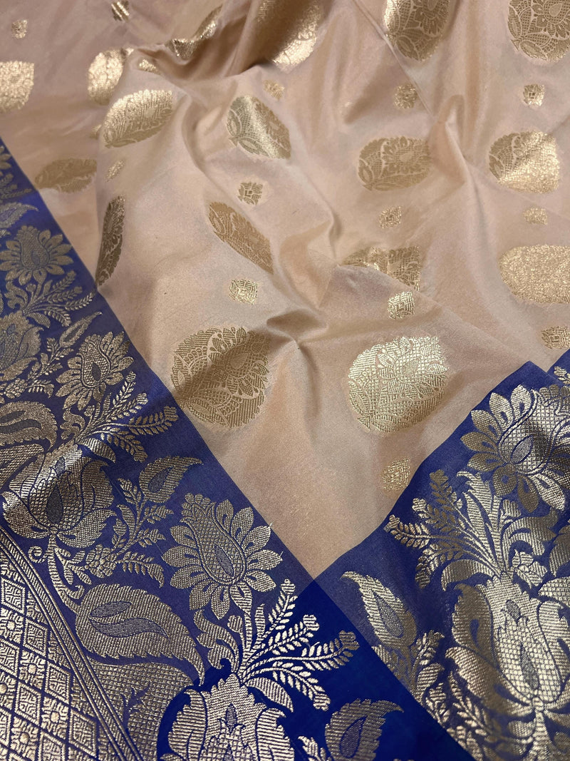 Beige Color Saree with Light Blue Border and Royal Blue Color Pallu - Soft Handloom Banarasi Silk Saree - Muted Gold Zari Weave