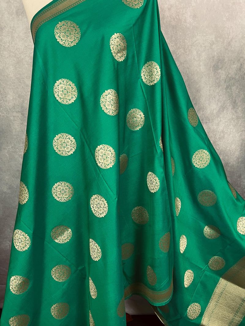 Dark Green Color Handmade Soft Silk Zari Weaved Dupatta with Chakras with Grand Flower Borders | Indian Dupatta | Gift For Her