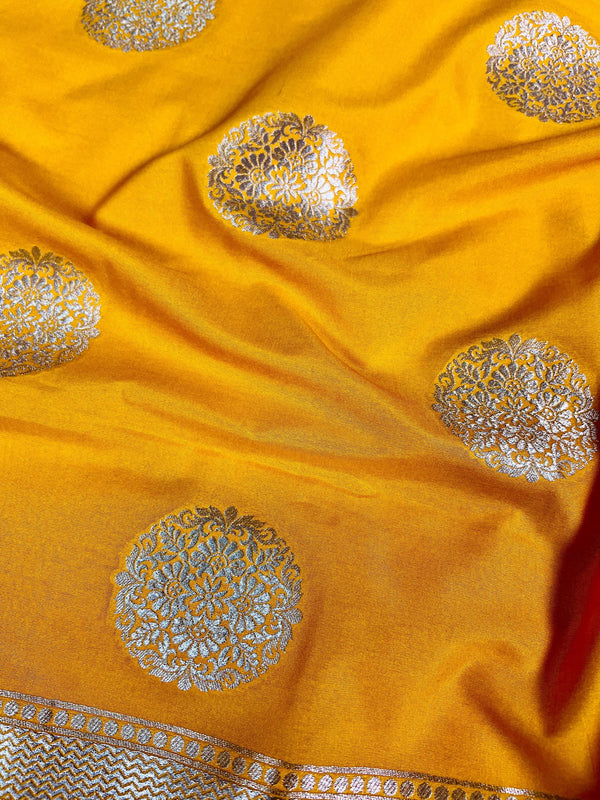 Yellow Color Handmade Soft Silk Zari Weaved Dupatta with Chakras with Grand Flower Borders | Indian Dupatta | Gift For Her | Lehenga dupatta