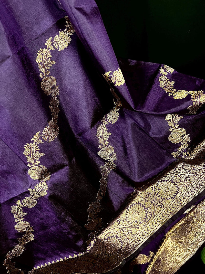 Eggplant Color Pure Banarasi Katan Silk Dupatta with Muted Gold Zari - SILK MARK Certified