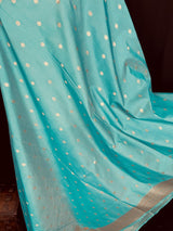 Pastel Sea Blue Handmade Soft Silk Zari Weaved Dupatta with Koniya design and small Buttis