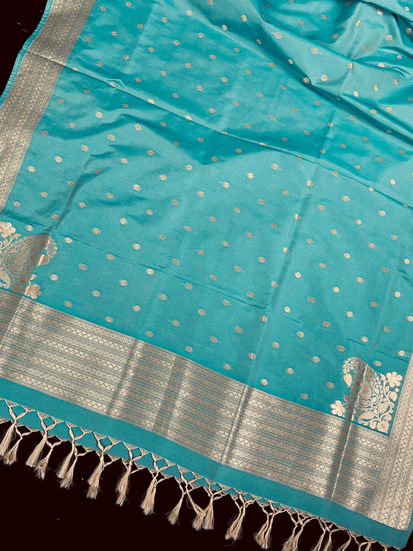 Pastel Sea Blue Handmade Soft Silk Zari Weaved Dupatta with Koniya design and small Buttis