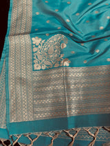 Pastel Sea Blue Handmade Soft Silk Zari Weaved Dupatta with Koniya design and small Buttis