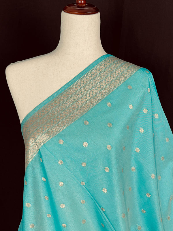 Pastel Sea Blue Handmade Soft Silk Zari Weaved Dupatta with Koniya design and small Buttis