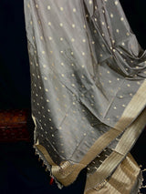 English Grey Color Handmade Soft Banarsi Silk Zari Weaved Dupatta with Koniya design and small Buttis