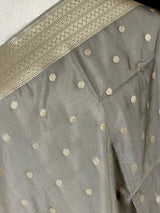 English Grey Color Handmade Soft Banarsi Silk Zari Weaved Dupatta with Koniya design and small Buttis