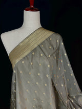 English Grey Color Handmade Soft Banarsi Silk Zari Weaved Dupatta with Koniya design and small Buttis