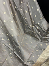 English Grey Color Handmade Soft Banarsi Silk Zari Weaved Dupatta with Koniya design and small Buttis