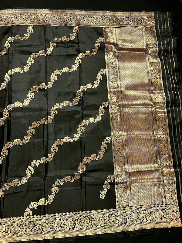 Black Color Pure Banarasi Katan Silk Dupatta with Muted Gold Zari - SILK MARK Certified