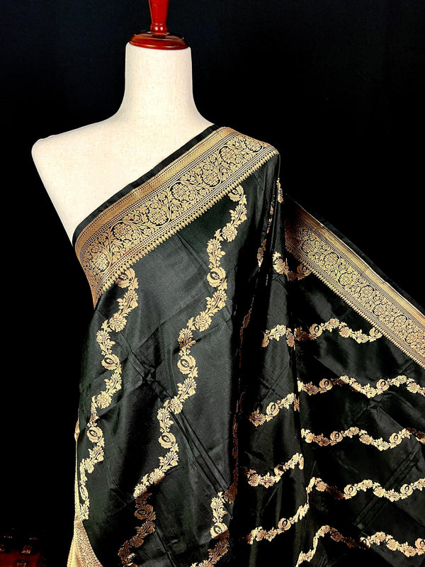 Black Color Pure Banarasi Katan Silk Dupatta with Muted Gold Zari - SILK MARK Certified