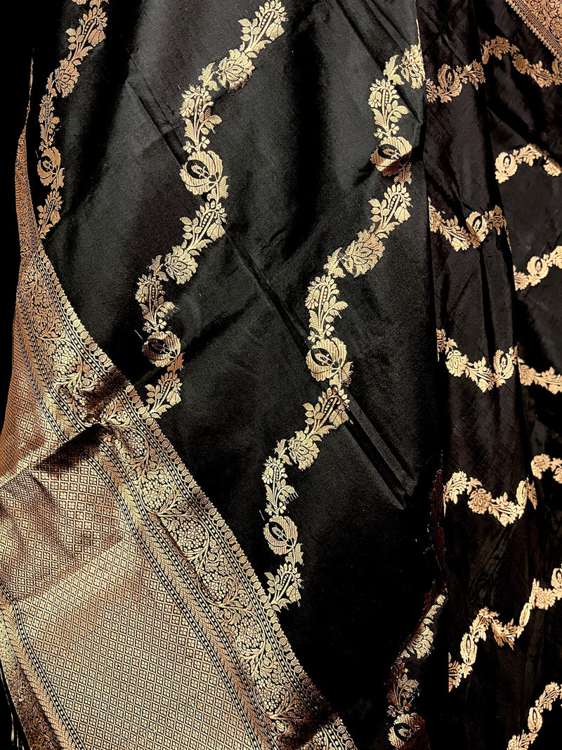 Black Color Pure Banarasi Katan Silk Dupatta with Muted Gold Zari - SILK MARK Certified