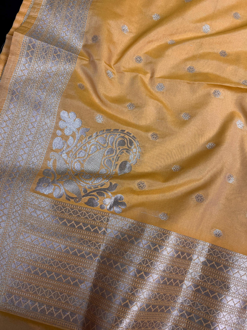 Handmade Soft Banarasi Silk Zari Weaved Mango Yellow Color Dupatta with Koniya design and Small buttis | Indian Dupatta | Stole | Scarf