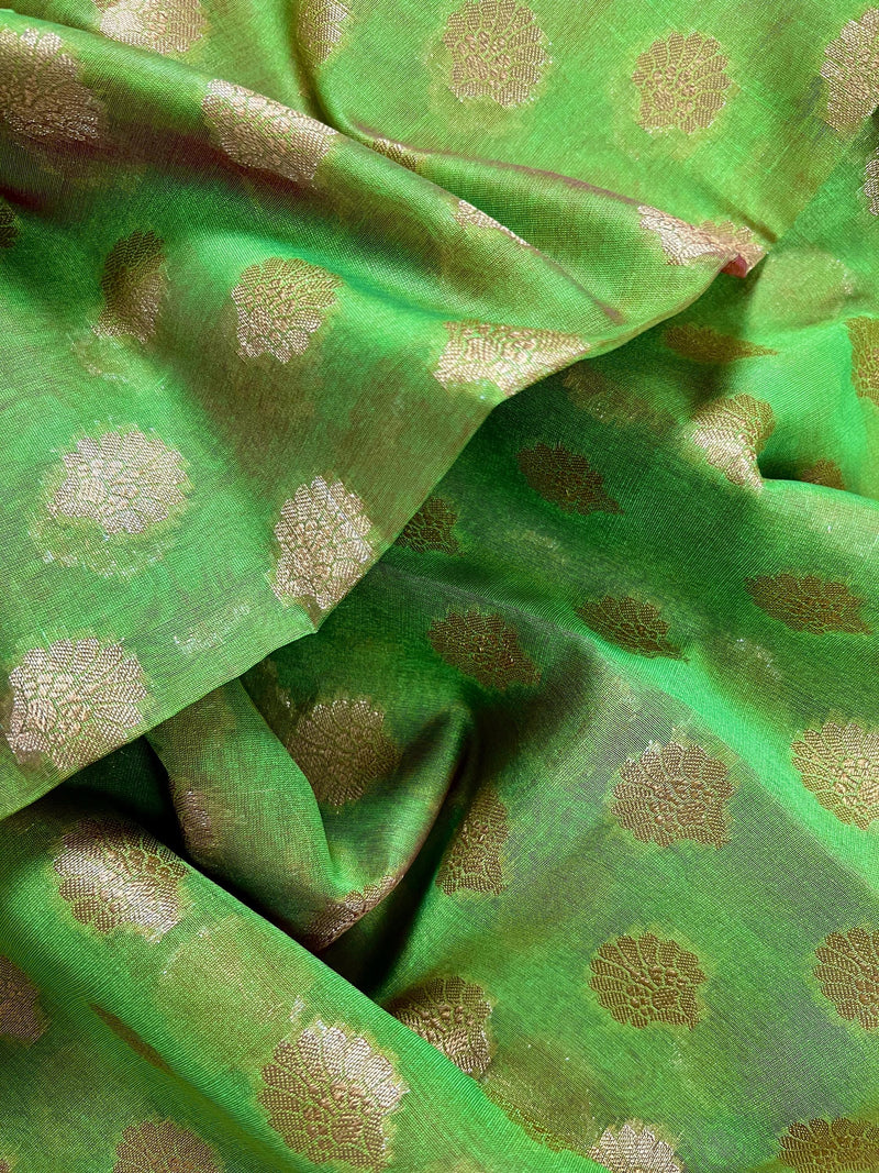 Handmade Parrot Green Semi Banarasi Silk Saree with Meenakari Work | Handmade with Zari Weaving