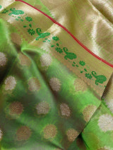 Handmade Parrot Green Semi Banarasi Silk Saree with Meenakari Work | Handmade with Zari Weaving