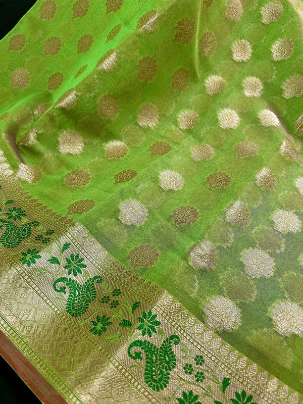 Handmade Parrot Green Semi Banarasi Silk Saree with Meenakari Work | Handmade with Zari Weaving