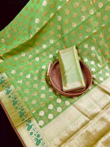 Handmade Parrot Green Semi Banarasi Silk Saree with Meenakari Work | Handmade with Zari Weaving