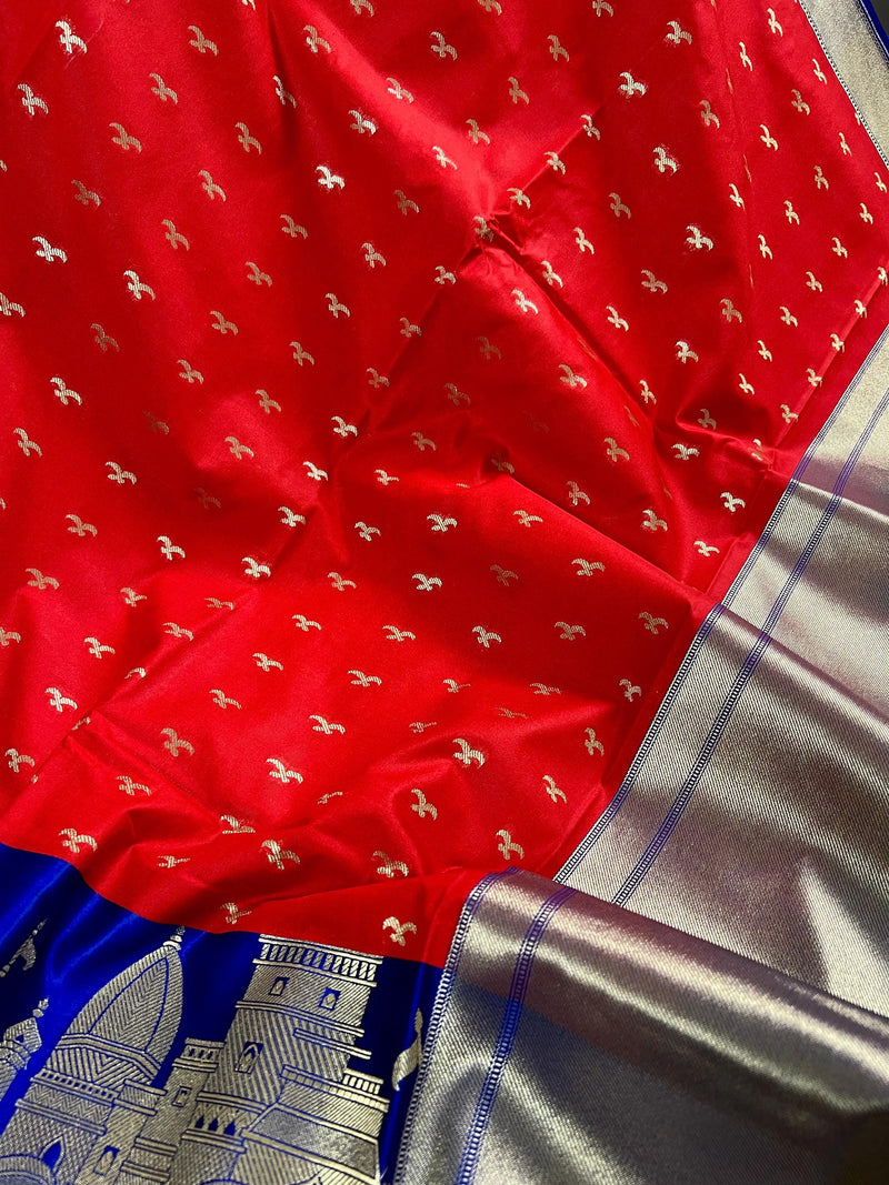 Red with Royal Blue Ganga Ghat Handloom Saree with Birds Motifs in Banarasi Silk with Satin Patta Wide Border