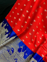 Red with Royal Blue Ganga Ghat Handloom Saree with Birds Motifs in Banarasi Silk with Satin Patta Wide Border