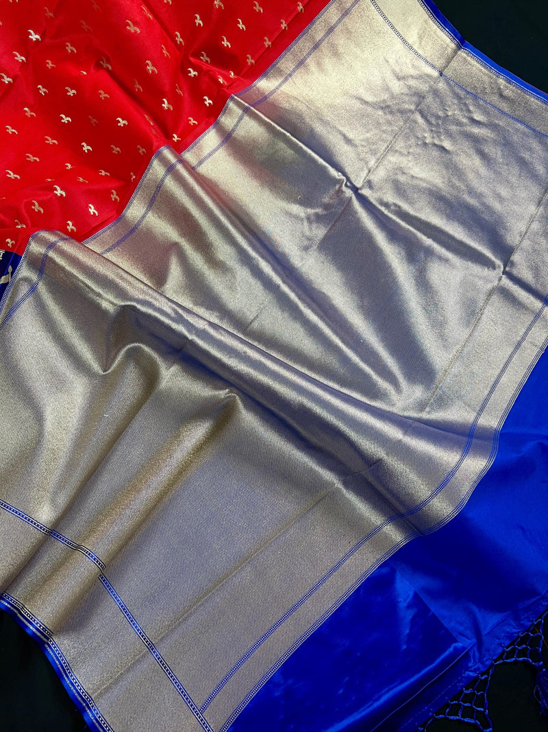 Red with Royal Blue Ganga Ghat Handloom Saree with Birds Motifs in Banarasi Silk with Satin Patta Wide Border