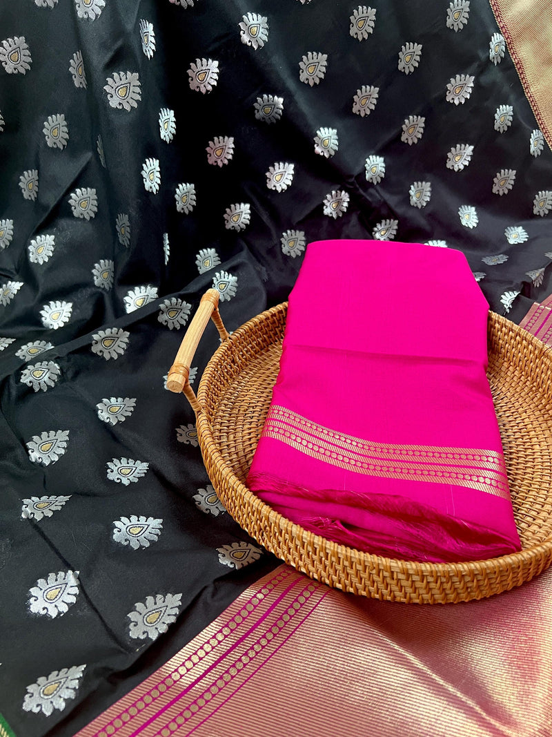 Black and Pink Traditional Banarasi Silk Handloom Saree with Paithani Style Border in Green