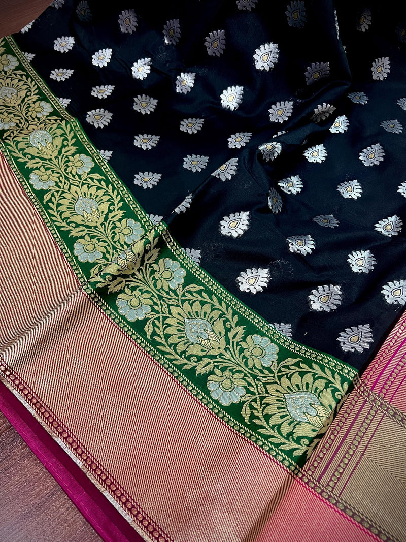 Black and Pink Traditional Banarasi Silk Handloom Saree with Paithani Style Border in Green