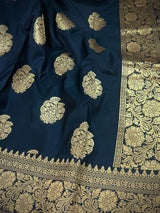 Black Color Traditional Banarasi Handloom Silk Saree in Muted Yellow Gold Muted Zari Weave